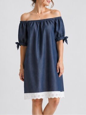 Preloved Toronto Chambray Look Off Shoulder Dress Eyelet Hem Made in Canada S